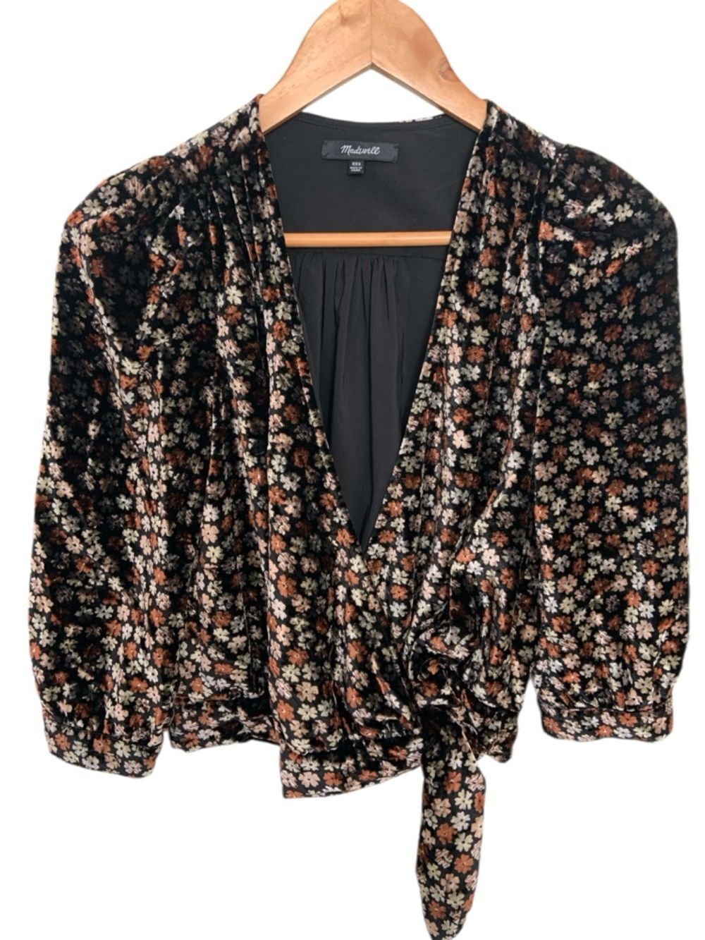 Madewell Dark Ditsy Floral Boho Velvet Deep V Neck Wrap Top Puff Sleeve XXS
